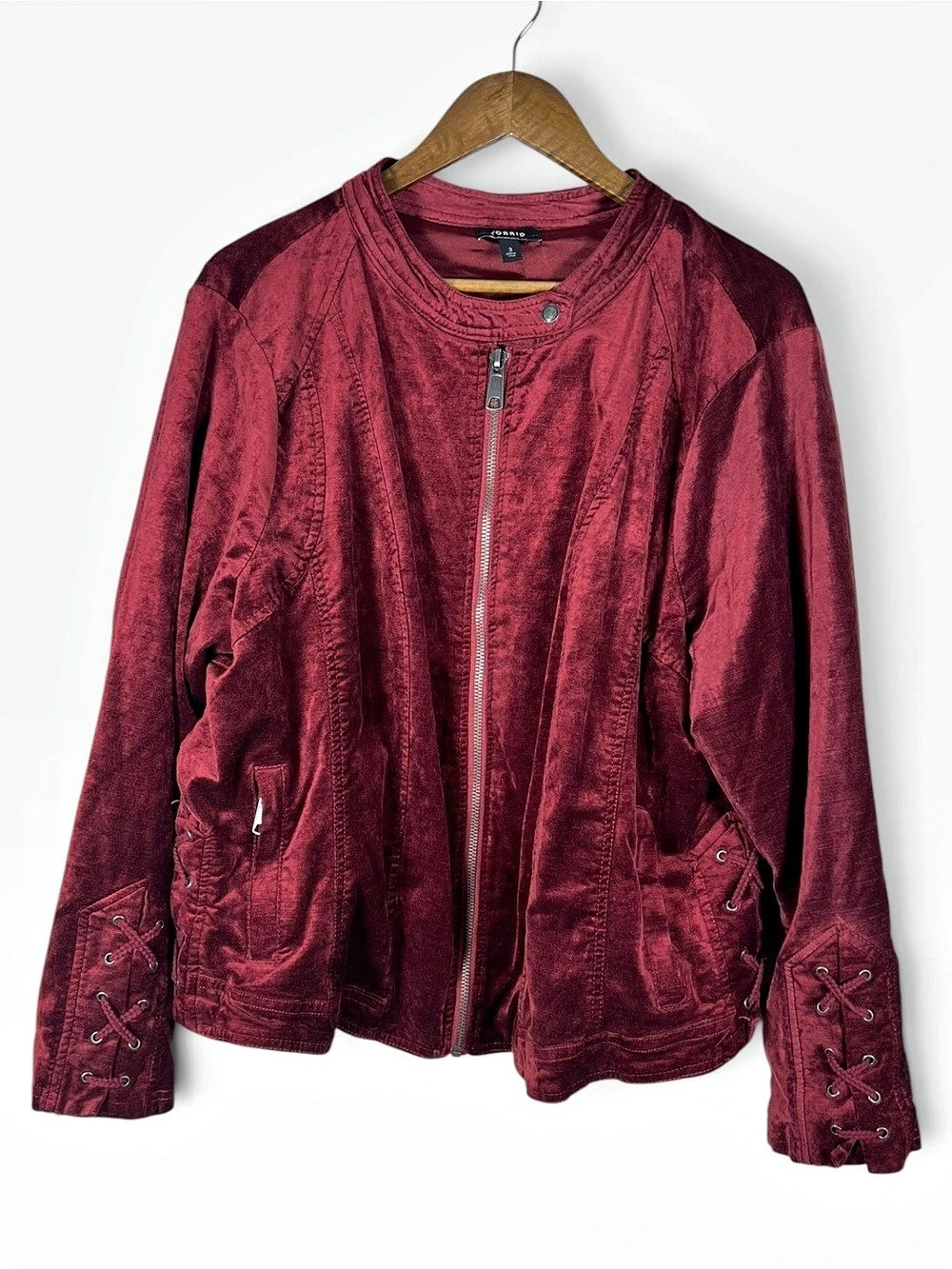 Torrid Women Velvet Moto Jacket Size XXL Red Lace Up Vamp Whimsigoth Renfaire